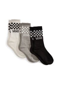 Tre par Vans sokker i hvid, grå og sort; hver enkelt har et ternet mønster øverst og Vans-logoet i sort.