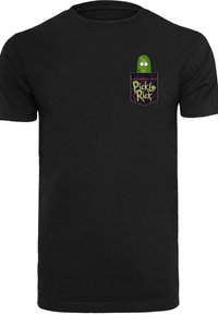 Melnas kokvilnas T-krekls ar grafiku, kurā redzams zaļš gurķis ar brillēm kabatas dizainā, ar uzrakstu "Pickle Rick" purpursarkanā krāsā.