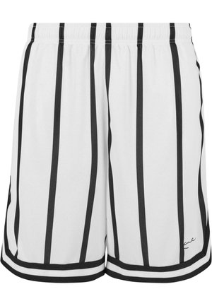 Baltie sporta šorti ar melnām vertikālām svītrām, elastīga jostasvieta un melna apdare apmalē. Viegls audums ar gludu tekstūru.