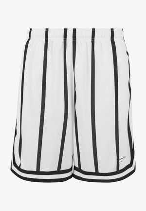 Balti sportiniai šortai su juodomis vertikaliomis juostelėmis, elastinga juosta ir juodu apvadu apačioje. Lengvas audinys su lygiu paviršiumi.
