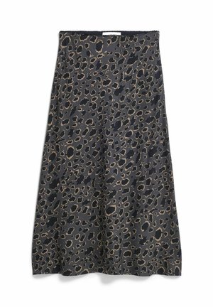 Leopard print midi skirt in dark gray, featuring beige spots. Smooth, lightweight fabric with a relaxed fit and elastic waistband.