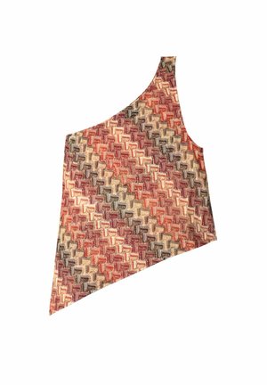 Haut asymétrique à une épaule présentant un motif géométrique multicolore dans des teintes de rouge, brun et crème. Tissu texturé.