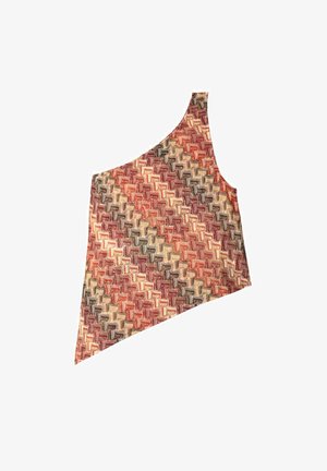 Haut asymétrique à une épaule présentant un motif géométrique multicolore dans des teintes de rouge, brun et crème. Tissu texturé.