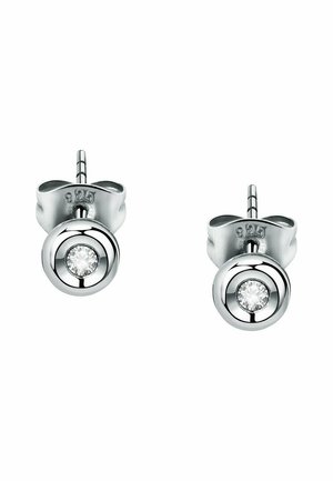 Silberne Steckerohrringe mit einem kreisförmigen Design und einem zentralen klaren Stein, die glänzende Oberflächen und einen Steckverschluss aufweisen.