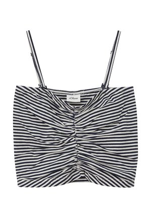 Zwart-wit gestreepte gerimpelde crop top met verstelbare dunne schouderbandjes en een s.Oliver merklabel bij de halslijn.