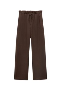 Pantalones de pierna ancha marrones con cintura elástica y cordón. Tejido suave con una textura lisa, sin patrones visibles ni adornos.