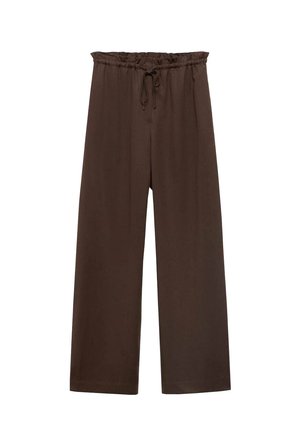 Pantalons amples marron avec une taille élastique et un cordon de serrage. Tissu doux avec une texture lisse, sans motifs ni embellissements visibles.