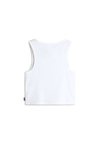 White cotton tank top with a round neck, sleeveless design, and a straight hem. Includes a small black logo tag on the left side.