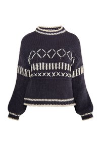 Gruby granatowy sweter z kremowymi wzorami, okrągłym dekoltem i balonowymi rękawami. Posiada dzianą strukturę oraz kontrastowe detale w postaci prążkowanych mankietów.