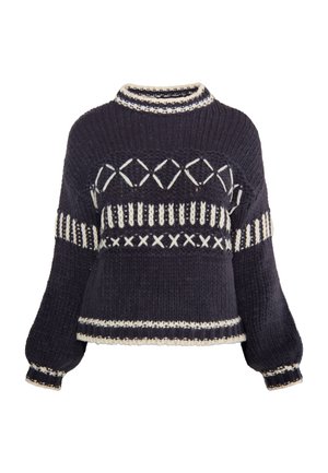 Hrubá námornícka sveter s krémovými vzorovými dizajnmi, okrúhlym výstrihom a balónovými rukávmi. Má pletenú textúru a kontrastné rebrované detaily na manžetách.