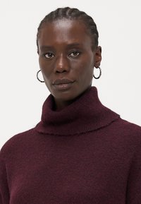 Bordo turtlenecka džemperis, izgatavots no mīksta, teksturēta adījuma. Iezīmē brīvu piegriezumu un izteiktu apkakli. Vienkāršs, klasiskā dizaina.