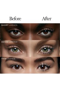 Ennen ja jälkeen vertailu neljästä silmästä: lyhyet ripset, tiheät ripset ja ohuet ripset. Huomattava ero ripset pituudessa ja volyymissä.
