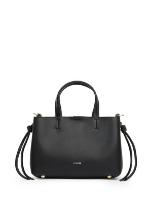 Borsa a mano in pelle nera con due manici, dettagli laterali con nappine, piedini dorati e piccolo nome del marchio "MIRIADE" in oro sul davanti.