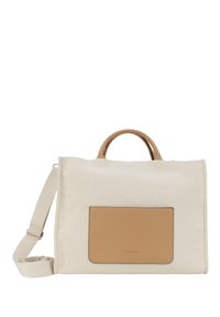 Beige Baumwolltasche mit glattem, hellbraunem Lederakzent und zwei Obergriffen. Verfügt über einen abnehmbaren Schultergurt und eine Vordertasche.