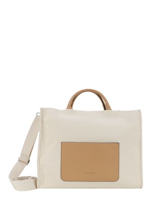Beige Baumwolltasche mit glattem, hellbraunem Lederakzent und zwei Obergriffen. Verfügt über einen abnehmbaren Schultergurt und eine Vordertasche.