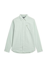 Lichtgroen overhemd met lange mouwen en knopen, voorzien van een kraag, een klein borstzakje en een geborduurd logo aan de linkerkant. Gladde textuur.