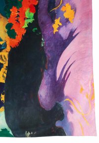 Abstrakt kunst med levende farver: dyb lilla, orange og grøn. Svirvlende former og dristige penselstræk skaber dynamisk visuel bevægelse.