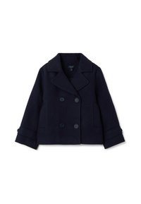 Manteau marin croisé bleu marine en mélange de laine, doté de grandes boutonnières, d'un col cranté et de deux poches avant.