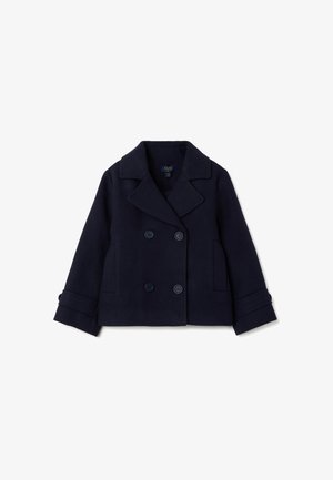 Dunkelblaues, doppelt geknöpftes Wollmischung-Peacoat mit großen Knopfverschlüssen, Reverskragen und zwei Vorder-Taschen.