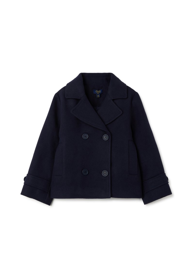 Manteau marin croisé bleu marine en mélange de laine, doté de grandes boutonnières, d'un col cranté et de deux poches avant.