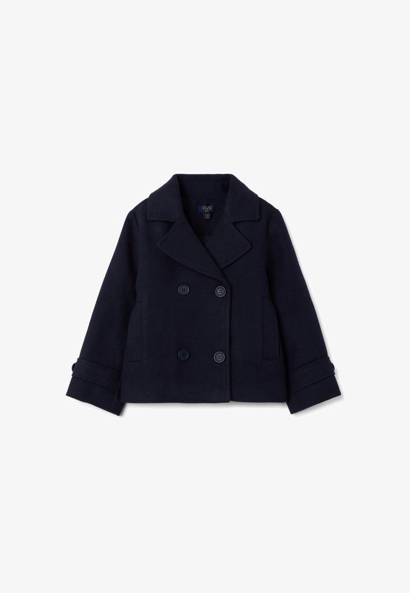 Manteau marin croisé bleu marine en mélange de laine, doté de grandes boutonnières, d'un col cranté et de deux poches avant.