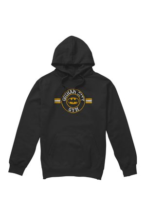Black hooded sweatshirt with front pocket and yellow Gotham City Gym logo featuring a bat symbol and two horizontal stripes on each side.