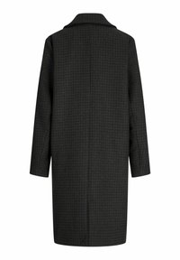 Cappotto lungo di colore grigio scuro realizzato in tessuto testurizzato, caratterizzato da un motivo a quadri discreto, colletto ampio e cuciture sulle spalle. Vista dal retro.