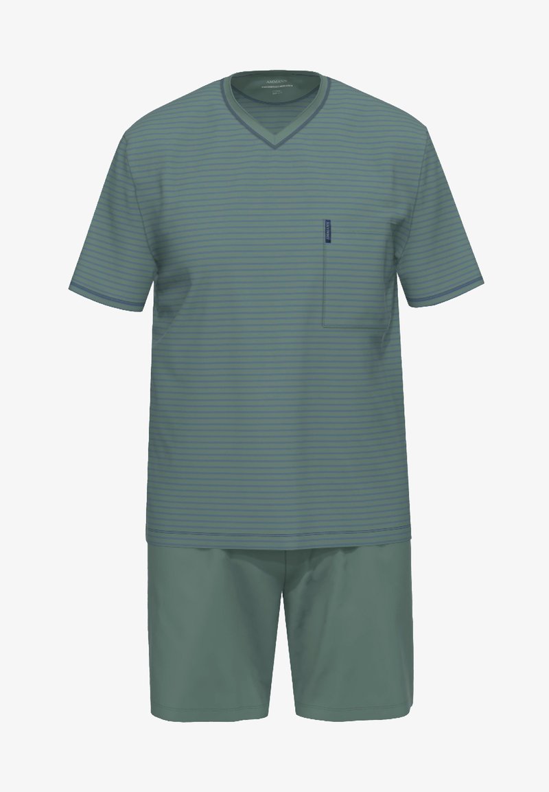 Top a maniche corte, con scollatura a V in verde tenue a righe orizzontali, abbinato a pantaloni corti verdi in tinta unita. Presenta una tasca sul petto.