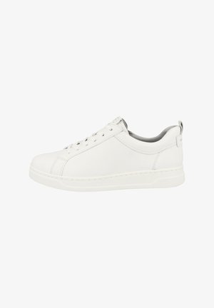 White leather sneaker with a smooth finish, lace-up front, padded collar, and subtle branding on the heel. Flat rubber sole for comfort.