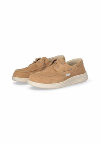 Hellbraune Wildlederschuhe mit rundem Zeh, Schnürdesign und neutraler Gummisohle. Verfügt über Metallösen und eine genähte Kante entlang des Obermaterials.