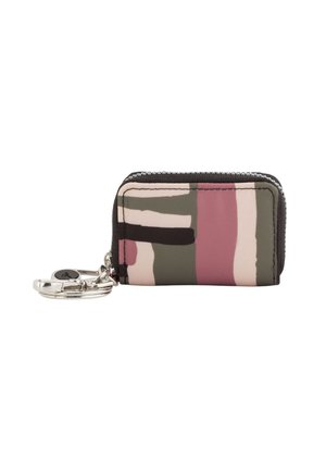 Textured zippered wallet in pink, green, and beige stripes; includes a silver keychain clasp and contrasting black accents.