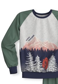 Grauer Pullover mit grünen Raglanärmeln. Mit Grafik von Bergen und Wäldern, roter Bärenillustration und dem Text "Outdoor Explorer".