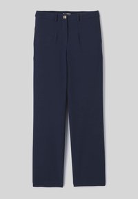 Pantalon ajusté bleu marine avec une texture lisse, doté de plis avant, d'une fermeture à bouton et d'une coupe droite.