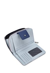 Světle modrá kožená peněženka s tmavě modrým zámkem na patent, designem na zip, několika sloty na karty a průhledným oknem na doklad uvnitř.