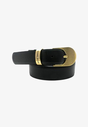 Cintura in pelle nera con fibbia rotonda color oro e passante dorato inciso con "MARC ELLIS".