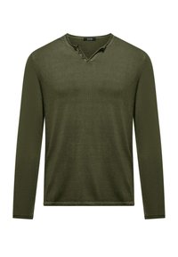 Long-sleeve olive green shirt with a v-neck and three-button detail at the collar. Soft texture and fitted design.