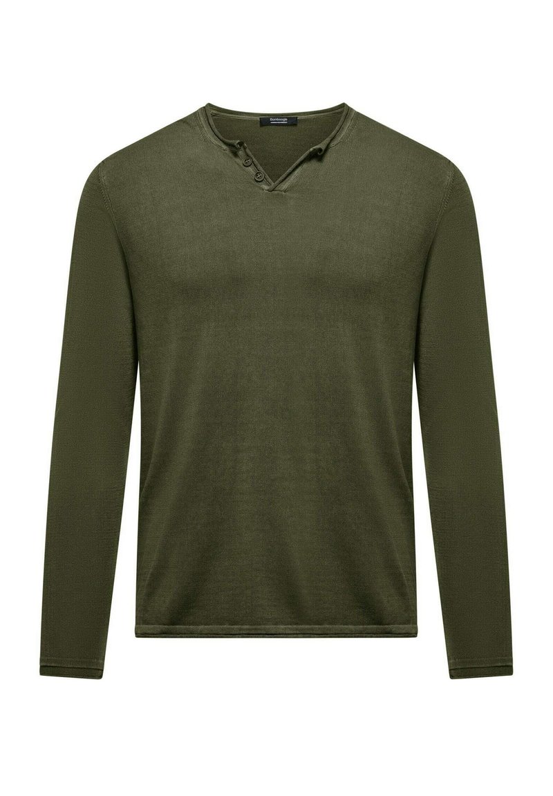Long-sleeve olive green shirt with a v-neck and three-button detail at the collar. Soft texture and fitted design.