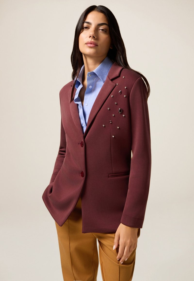 Blazer bordeaux con due bottoni, decorazioni di gioielli sul lato sinistro, abbinato a una camicia azzurra chiara e pantaloni beige. Tessuto con una finitura liscia.