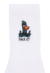 Weiße Baumwollsocken mit einem schwarzen gestickten Entenmotiv und einem orangefarbenen Schnabel sowie dem Text "DUCK IT!" darunter.