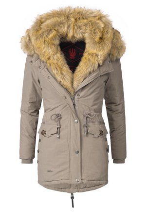 Beige parka jacket with a faux fur hood, drawstring waist, front flap pockets, zip closure, and a smooth fabric texture.