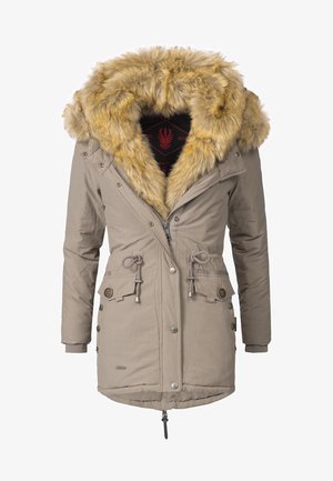Beige parka jakke med faux fur hætte, snoreliv, frontlommer med klap, lynlås lukning og en glat stofstruktur.
