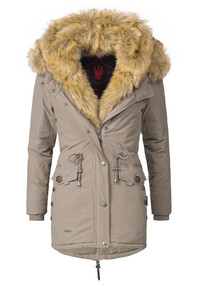 Beige parka-takki, jossa on tekoturkki huppu, kiristettävä vyötärö, etu.taskut, vetoketju ja sileä kangas.
