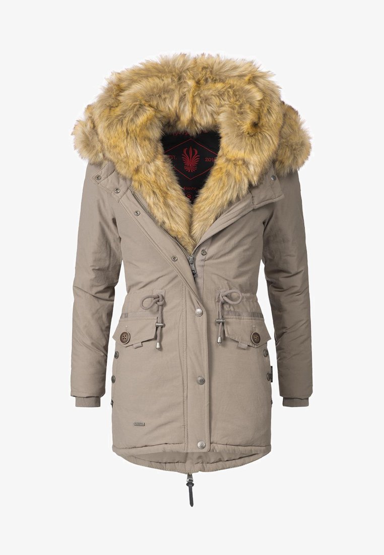 Beige parka jakke med faux fur hætte, snoreliv, frontlommer med klap, lynlås lukning og en glat stofstruktur.