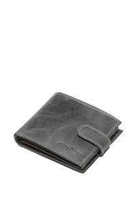 Cartera de cuero gris oscuro plegada con correa abotonada y logo "ombre" en relieve en el frente.