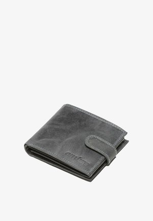 Opgevouwen donkergrijze leren portemonnee met een gestikte riem met knoop en een reliëf van het "ombre"-logo aan de voorkant.