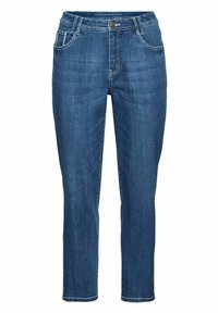 Jeans in denim di colore blu scuro con un design a gamba dritta. Presentano dettagli cuciti, un bottone metallico e quattro tasche. Texture liscia.
