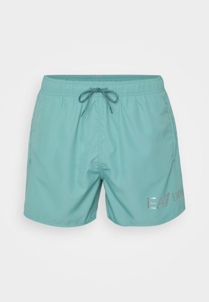Türkise Badeshorts mit elastischem Bund und Kordelzug, mit einem silbernen Logodetail auf der Vorderseite. Glattes, leichtes Material.