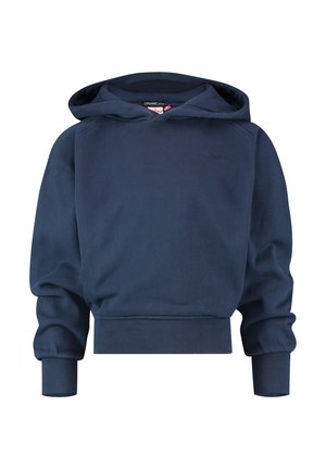 Marineblå cropped hættetrøje med lange ærmer, ribstrikkede manchetter og kant samt en hætte, lavet af økologisk bomuld.