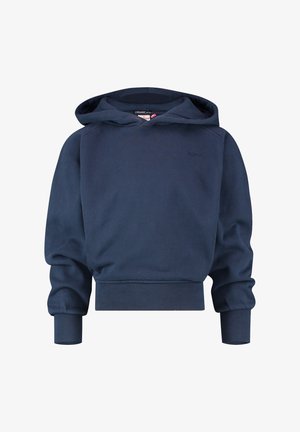 Sweat à capuche court bleu marine avec manches longues, poignets et ourlet côtelés, et une capuche, fabriqué en coton biologique.
