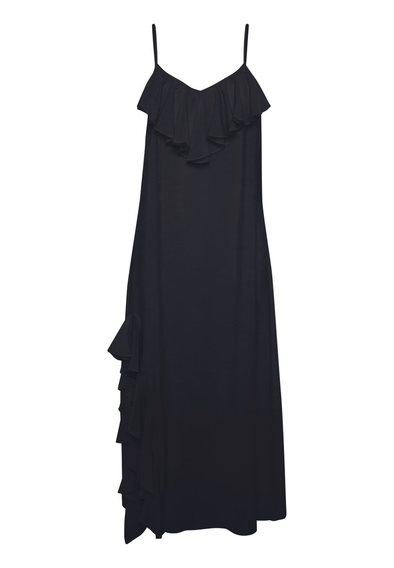 Schwarzes ärmelloses Kleid mit gestuften Rüschensaum entlang des Kragens und einem cascading Rüschendetail auf einer Seite. Glattes Material, lässige Silhouette.
